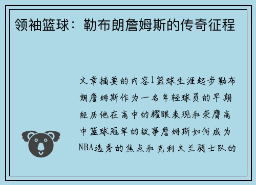 领袖篮球：勒布朗詹姆斯的传奇征程